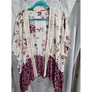 Jolt Floral Kimono Wrap Crochet Lace Trim‎ Burgundy Cream Chiffon 1X JEPW44623W